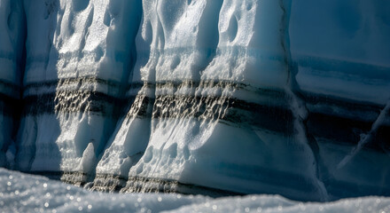 A close-up view of a glacier's textured ice wall with dark horizontal layers of ancient sediment.