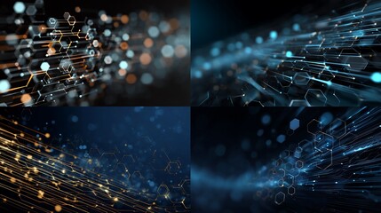 An abstract blue fiber optic background highlights digital network data communication with shimmering light spots and interconnected tech cables