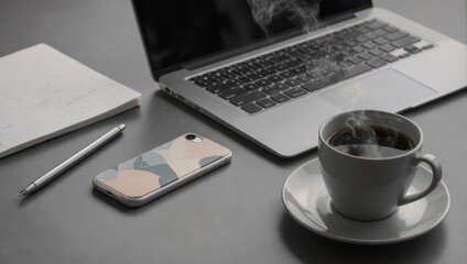 Modern Workspace with Laptop, Coffee, and Smartphone.
