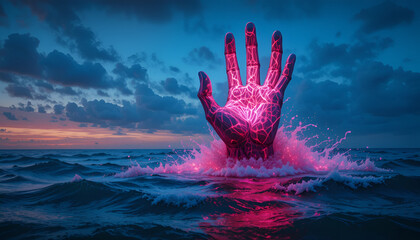 A glowing hand rises from the sea, illuminated by a pink and purple aura