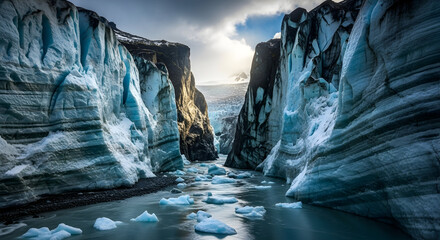 A majestic view of a glacial canyon with towering ice walls and a river flowing through, dotted with ice floes under a dramatic sky.