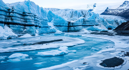 A stunning view of a glacier with icy blue water flowing through the landscape, showcasing natural beauty.