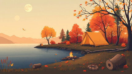 illustration of camping at sunset in the forest