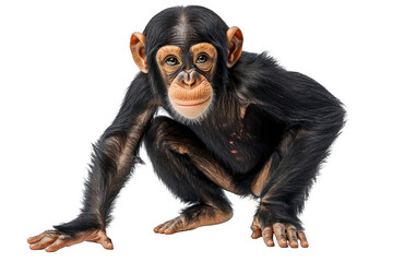 Fototapeta premium Young chimpanzee crouches, gazing intently with large eyes