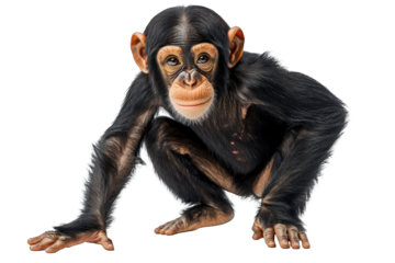 Young chimpanzee crouches, gazing intently with large eyes