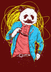 Hipster panda with mustache wearing a blue jacket and glasses