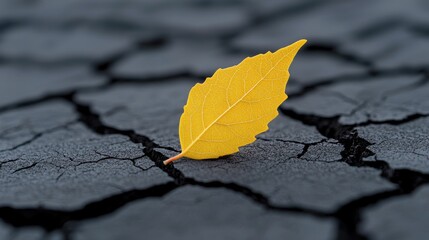 Minimalist Image of a Yellow Leaf on Cracked Earth Surface
