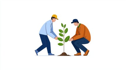 Minimalistic Vector Art of Two People Planting a Young Tree