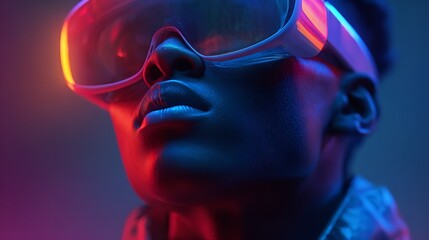 A futuristic portrait of a young man wearing VR goggles