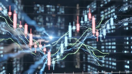 Close-up of a stock market graph with colorful candlestick charts and lines on a blurred cityscape background at night - Powered by Adobe