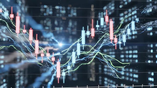 Close-up of a stock market graph with colorful candlestick charts and lines on a blurred cityscape background at night
