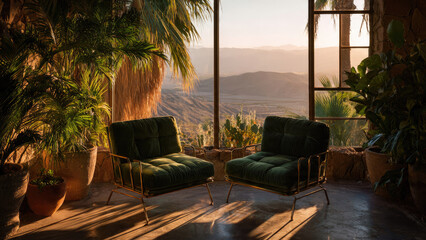Fototapeta premium Two green velvet armchairs in a sun-drenched desert lounge with panoramic mountain views and lush tropical plants at golden hour.