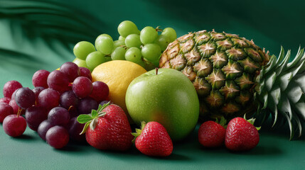 Vibrant and colorful assortment of fresh tropical fruits including pineapple, grapes, strawberries, apples, and more for healthy eating and nutritious diets