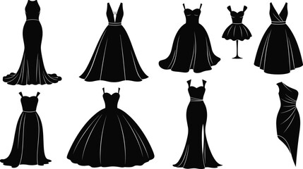 Black dress silhouettes collection, fashion design inspiration, elegant styles, cocktail and evening wear, trendy outlines, garment shapes, stylish wardrobe elements