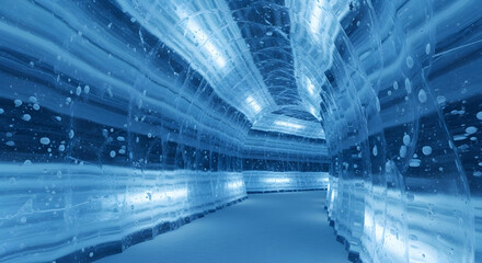 Ice cave tunnel with blue light and frozen walls.