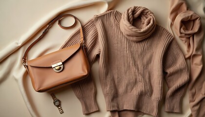 Warm mocha mousse sweater and scarf lie near tan handbag and golden watch. Cozy outfit arranged on soft satin fabric for autumn fashion collection.