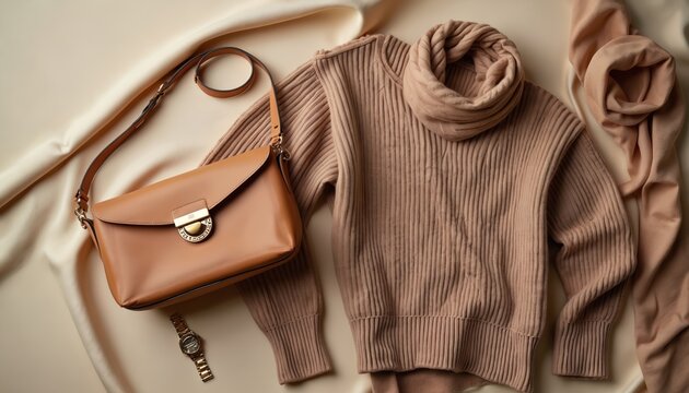 Warm mocha mousse sweater and scarf lie near tan handbag and golden watch. Cozy outfit arranged on soft satin fabric for autumn fashion collection.