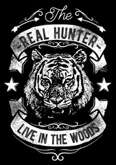 Vintage emblem design featuring a tiger head and text for hunter