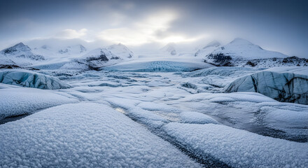 Dramatic winter landscape of a vast glacier with snow-covered mountains under a cloudy sky.