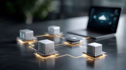 Modern digital networking and data security infrastructure with innovative connectivity solutions, advanced servers, cloud technology, and electronic devices for modern business environments