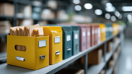 Professional office organization with colorful files, storage folders, document management solutions, filing cabinets, workspace efficiency, and modern shelving for productivity