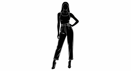 Elegant woman silhouette in stylish outfit posing confidently with hand on hip.