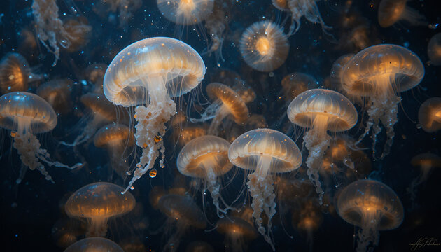 A mesmerizing view of a group of jellyfish swimming in the deep ocean