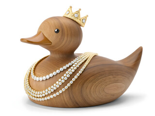 Premium 3D wooden duck toy with golden crown and diamond chain on clean white background