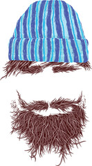 Illustration of a blue striped beanie and a long brown beard isolated on