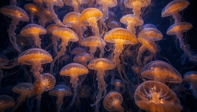A captivating view of numerous jellyfish swimming together in the dark ocean