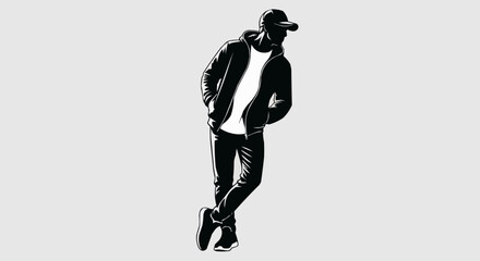 Black and white silhouette of a man in casual urban attire.