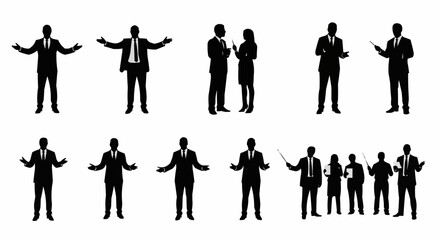 Silhouettes of business people in various poses and interactions.