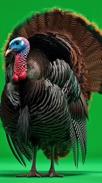 Large wild turkey with colorful head and plumage stands against green background. Perfect for nature, wildlife, thanksgiving, and autumnthemed designs.