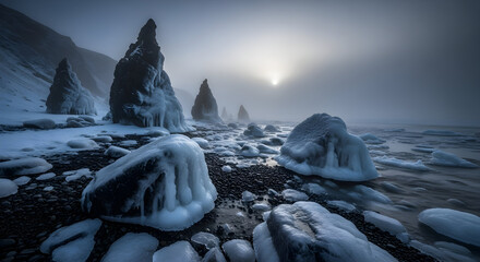 Icy landscape with rock formations and a misty sun, creating a cold and serene atmosphere.