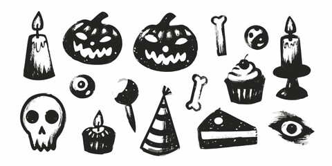 Hand drawn halloween icons and elements in black and white