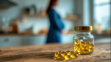 Jar of yellow soft gel supplements placed on wooden table with pregnant woman standing blurred in modern kitchen background at bright daylight