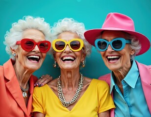 Three laughing senior women wear colorful clothes and fun sunglasses. They look happy, stylish, and embrace aging with joy and vibrant energy. Modern elderly friends sharing fun moments together.