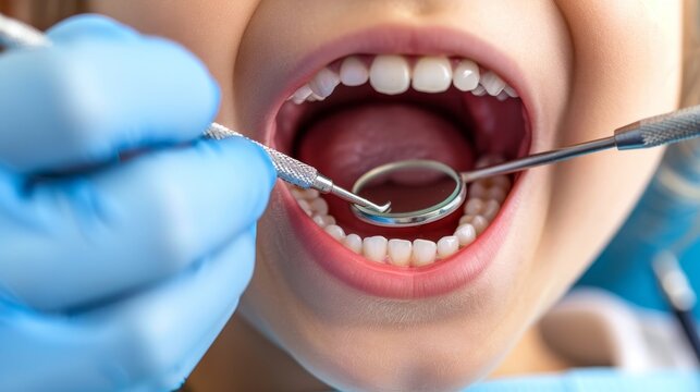 Pediatric dentistry  close up of child s dental exam highlighting care and prevention of oral health