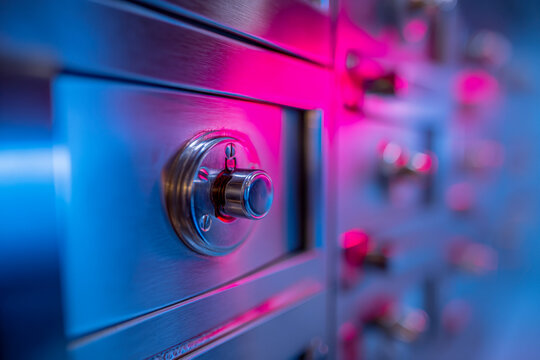 Metallic safety deposit boxes illuminated with vibrant blue and pink lighting creating a secure and futuristic vault environment in sharp focus on the lock mechanism