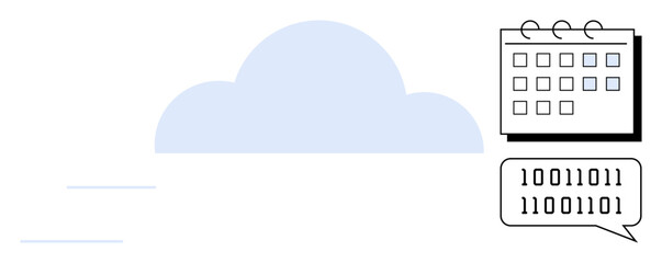 Cloud icon, calendar, and binary speech bubble suggest data storage, synchronization, and communication. Ideal for cloud technology, digital transformation, scheduling, data processing