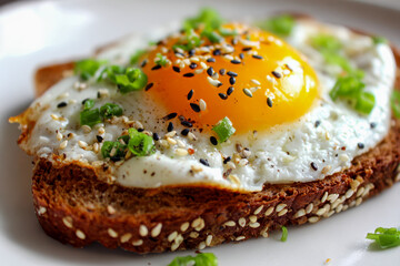 Delicious fried egg topped with black and white sesame seeds and chopped green onions served on toasted multigrain bread with a crisp crust for a hearty breakfast me