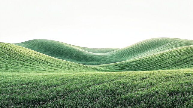 Rolling green fields undulate under a bright white sky. Gentle curves and lush textures dominate