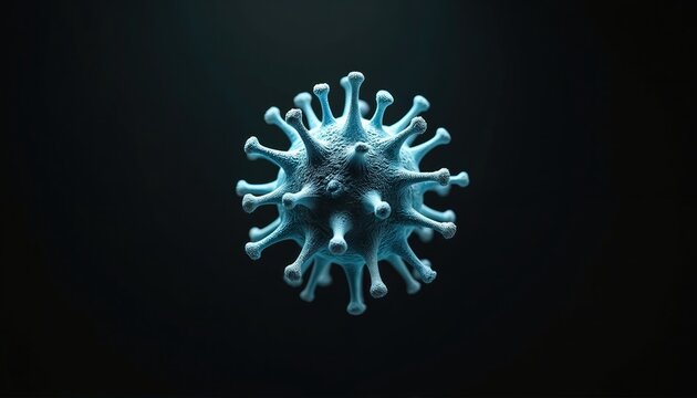 Blue virus cell isolated on dark background. COVID-19 infectious agent concept. Pandemic risk spreads global outbreak. Virology research studies virus microbe cells with vaccine, medicine, infection