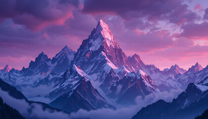 Breathtaking mountain range with snowcapped peaks under a vibrant twilight sky