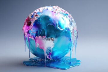 Melting globe artwork symbolizes climate change and environmental concerns with vibrant colors and modern design