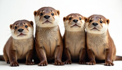 Four adorable otters sit together. Cute playful mammals look up with curiosity. Animal family group in a studio with a white background. Wildlife illustration for a children book or eco project.