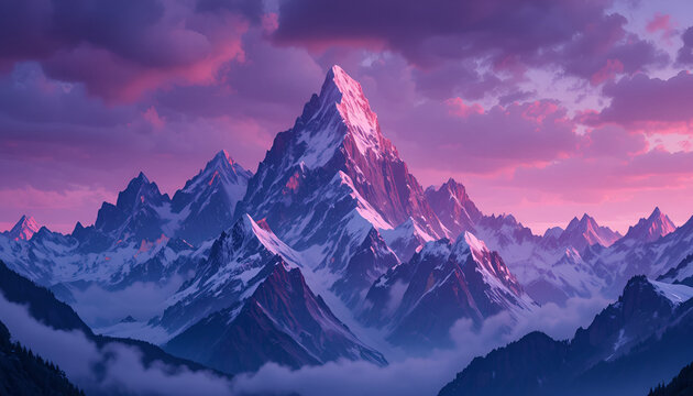 Breathtaking mountain range with snowcapped peaks under a vibrant twilight sky - Powered by Adobe