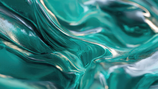 Abstract, glossy teal liquid swirls, resembling molten glass. Shimmering highlights and deep shadows create dynamic, rich texture and elegant fluid movement.