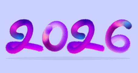 Year 2026 in fuzzy gradient numbers on a soft blue background