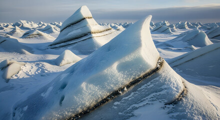 Close-up view of ice formations with layered sediment, snowy landscape.